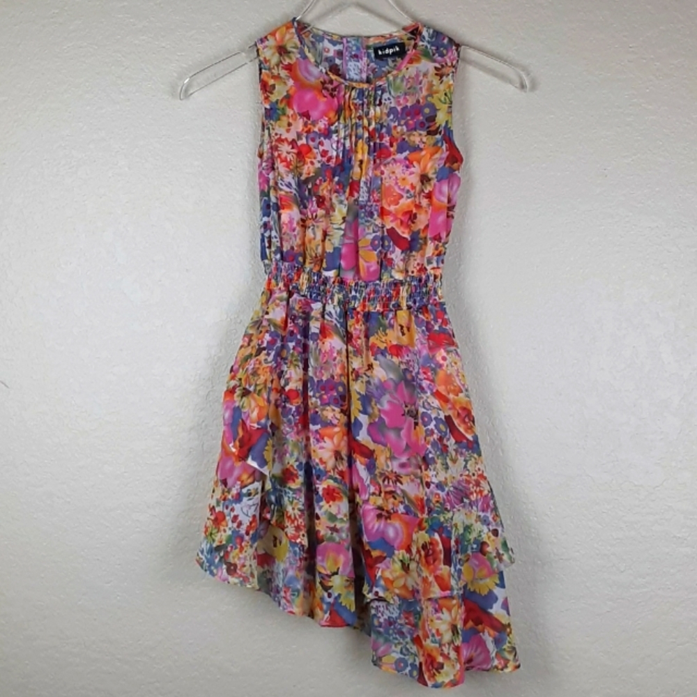 Kidpik Flowy Floral Asymetic Ruffle Tiered Dress